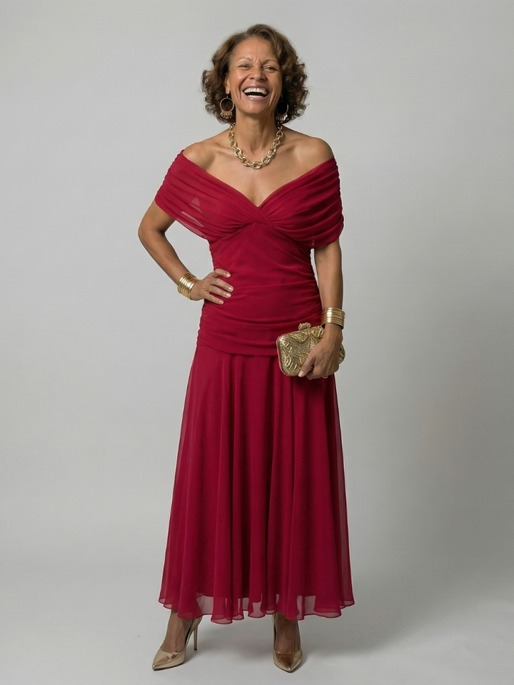 Calen™ | Vestidos midi fluidos de hombro descubierto