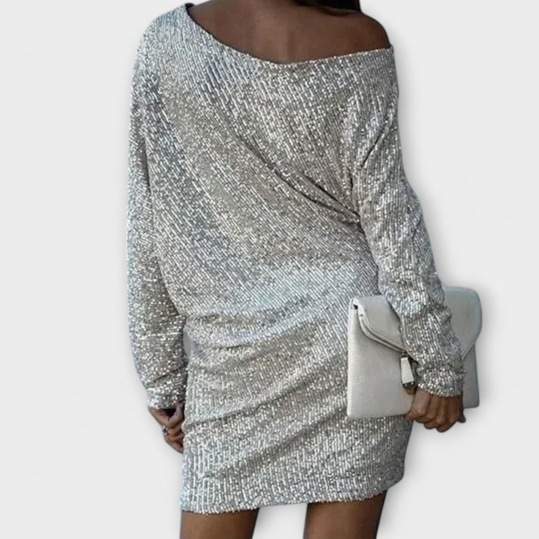 Vestido de fiesta con lentejuelas y contraste
