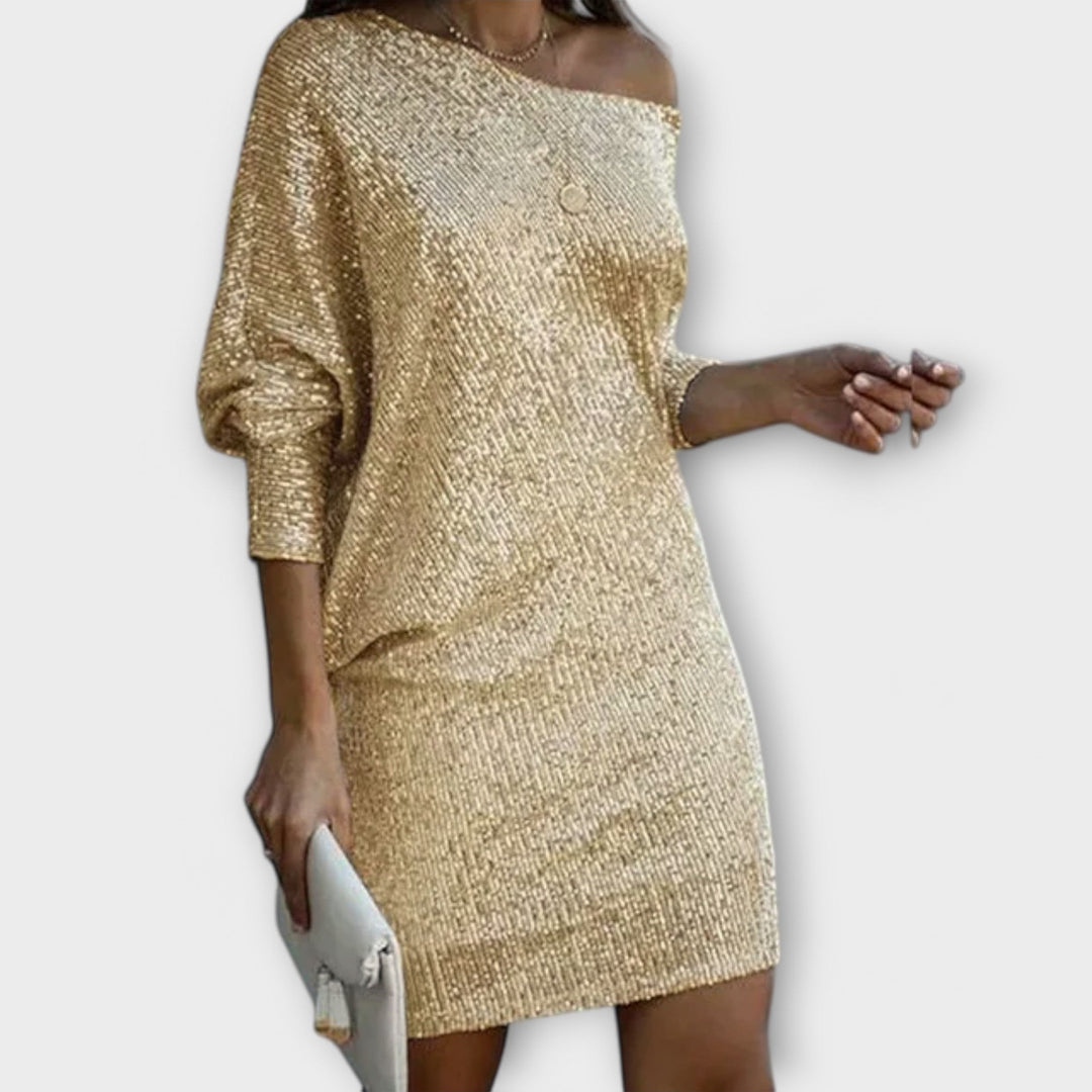 Vestido de fiesta con lentejuelas y contraste