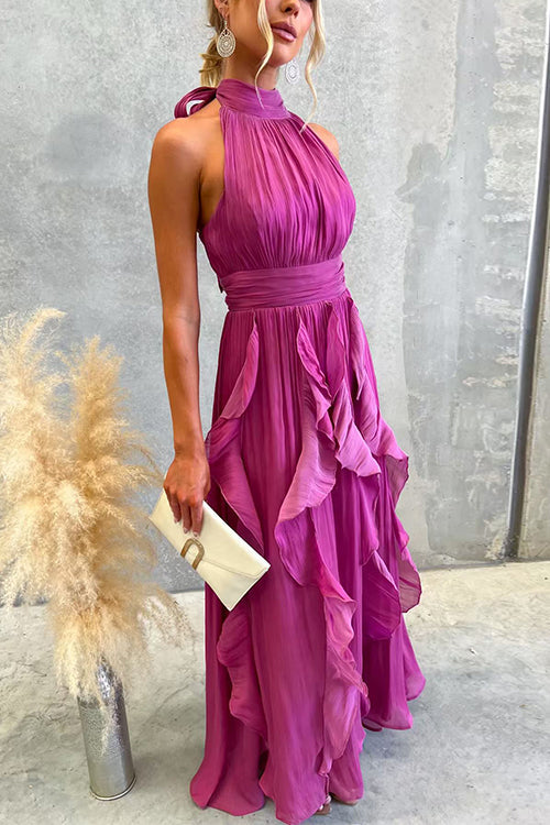 Vestido maxi de cuello halter con cintura entallada y volantes