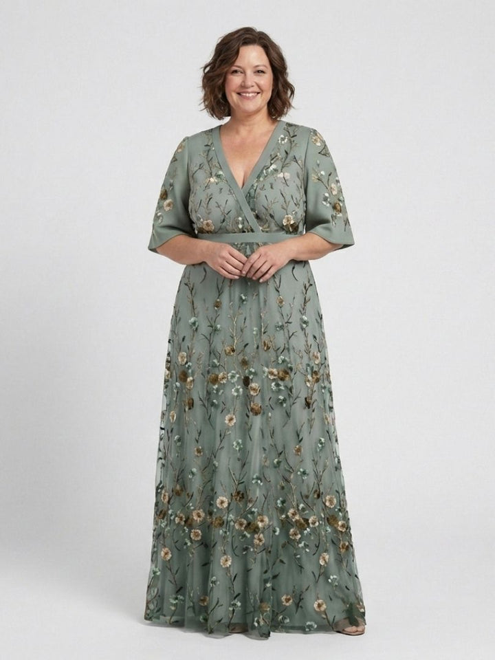 Evadne™ | Vestido maxi floral de manga corta con escote en V